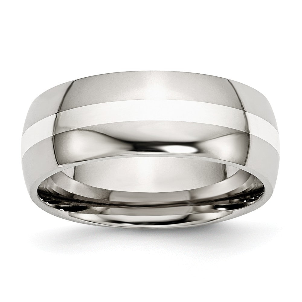 Stainless Steel Wedding Band with Sterling Silver Inlay Polished, Engravable 8mm Comfort Fit - 6