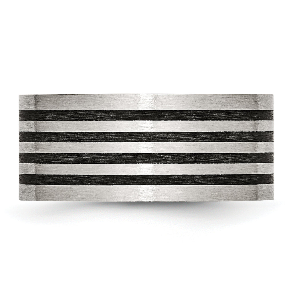 Stainless Steel Brushed WithBlack Rubber Stripes 10mm Flat Band