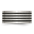 Stainless Steel Brushed WithBlack Rubber Stripes 10mm Flat Band