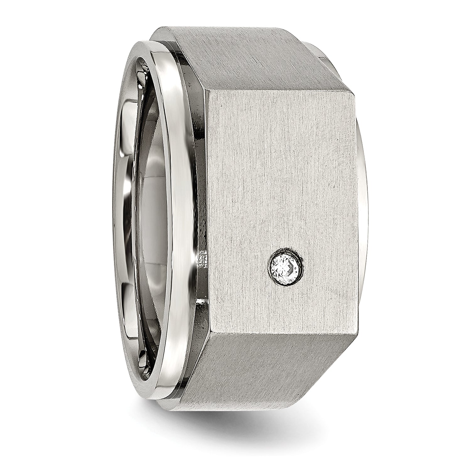 StainleSterling Silver Steel Brushed and Polished CZ Signet Ring