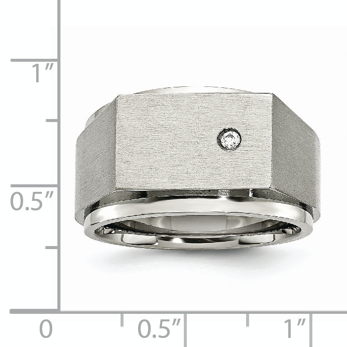 StainleSterling Silver Steel Brushed and Polished CZ Signet Ring