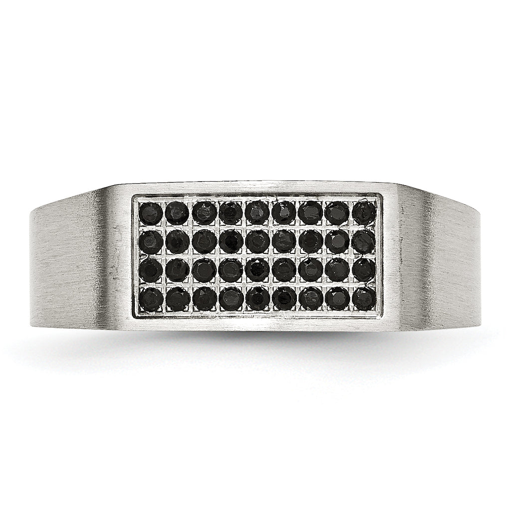 Stainless Steel Brushed and Polished with Black CZ Ring