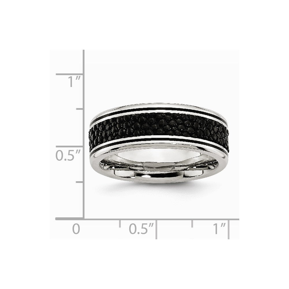 Stainless Steel Polished Grooved/Genuine Stingray Textured  8mm Ring