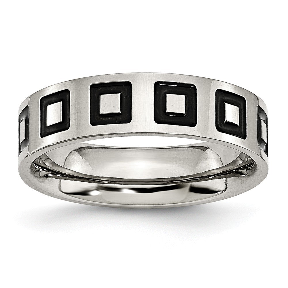 Stainless Steel Polished Wedding Band with Black Enamel Accents