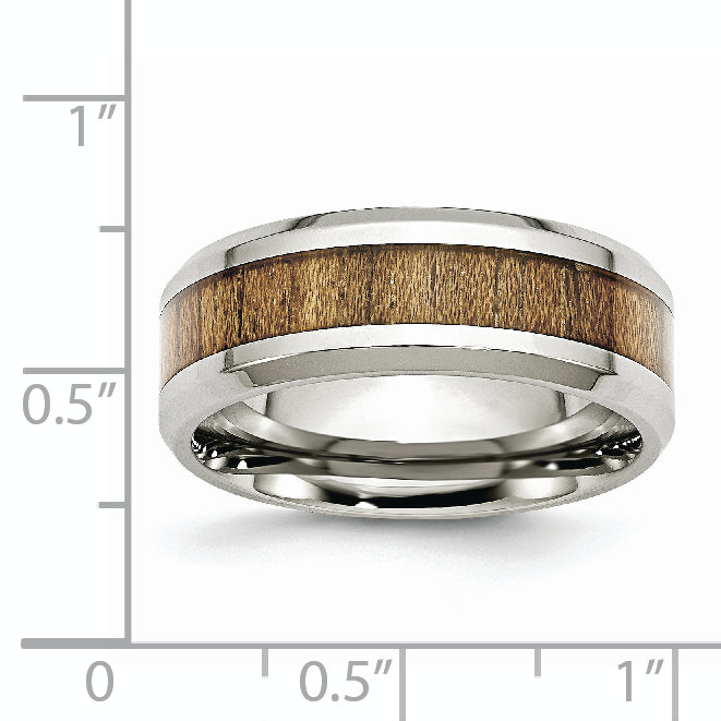 Stainless Steel Polished with Koa Wood Inlay Enameled 8mm Band