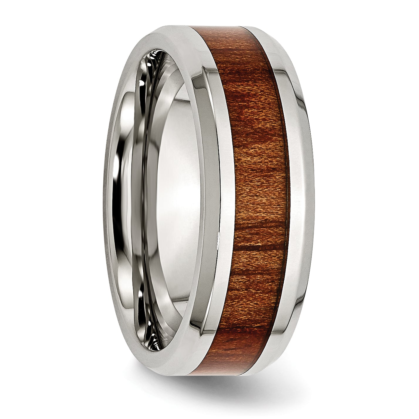 Stainless Steel Polished Red/Orange Koa Wood Enameled 8mm Band