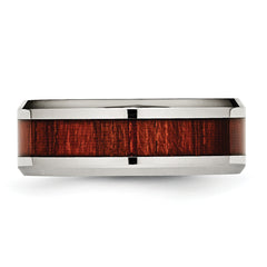 Stainless Steel Polished with Red Koa Wood Inlay Enameled 8mm Band