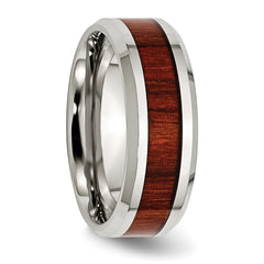 Stainless Steel Polished with Red Koa Wood Inlay Enameled 8mm Band