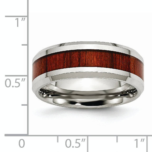 Stainless Steel Polished with Red Koa Wood Inlay Enameled 8mm Band