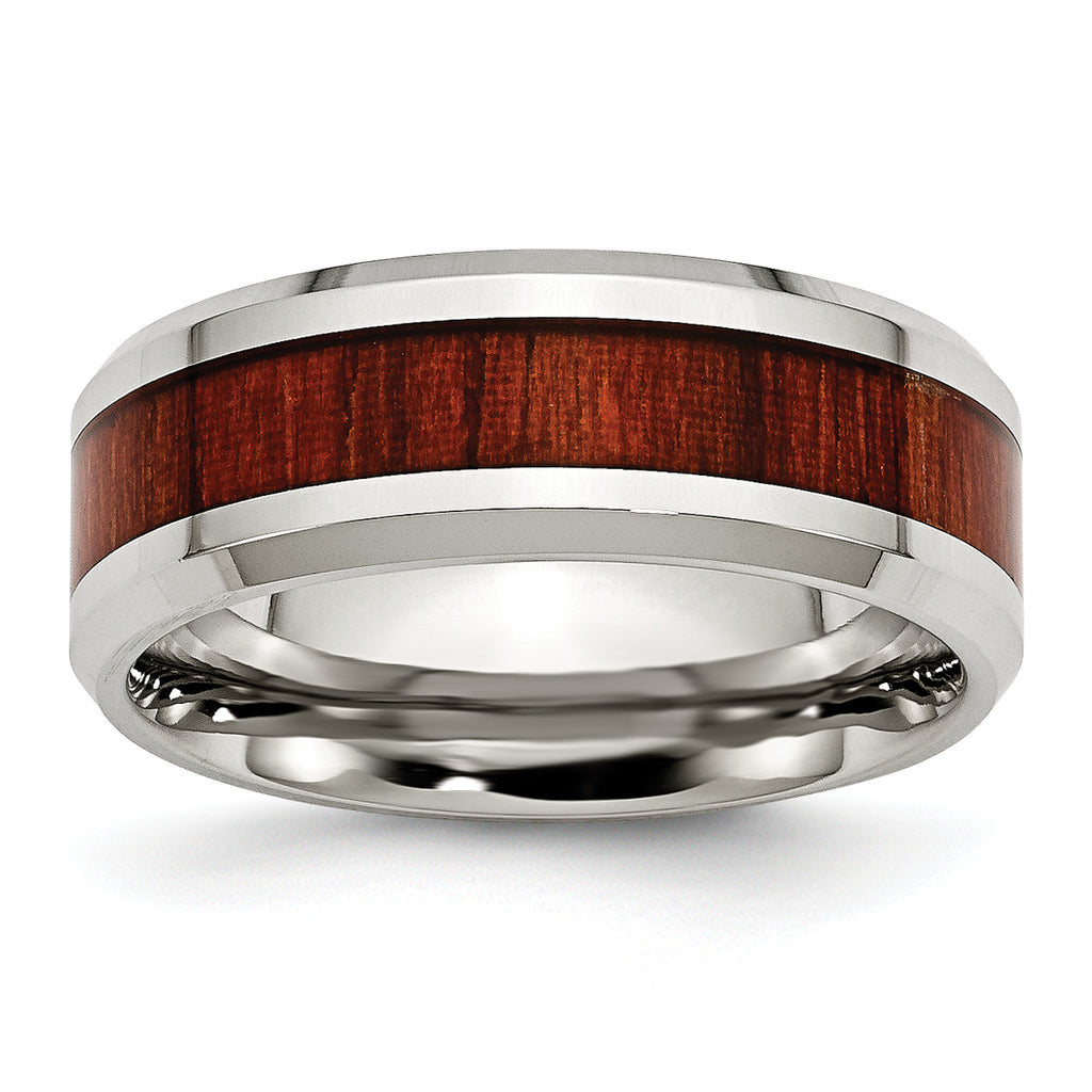 Stainless Steel Polished with Red Koa Wood Inlay Enameled 8mm Band
