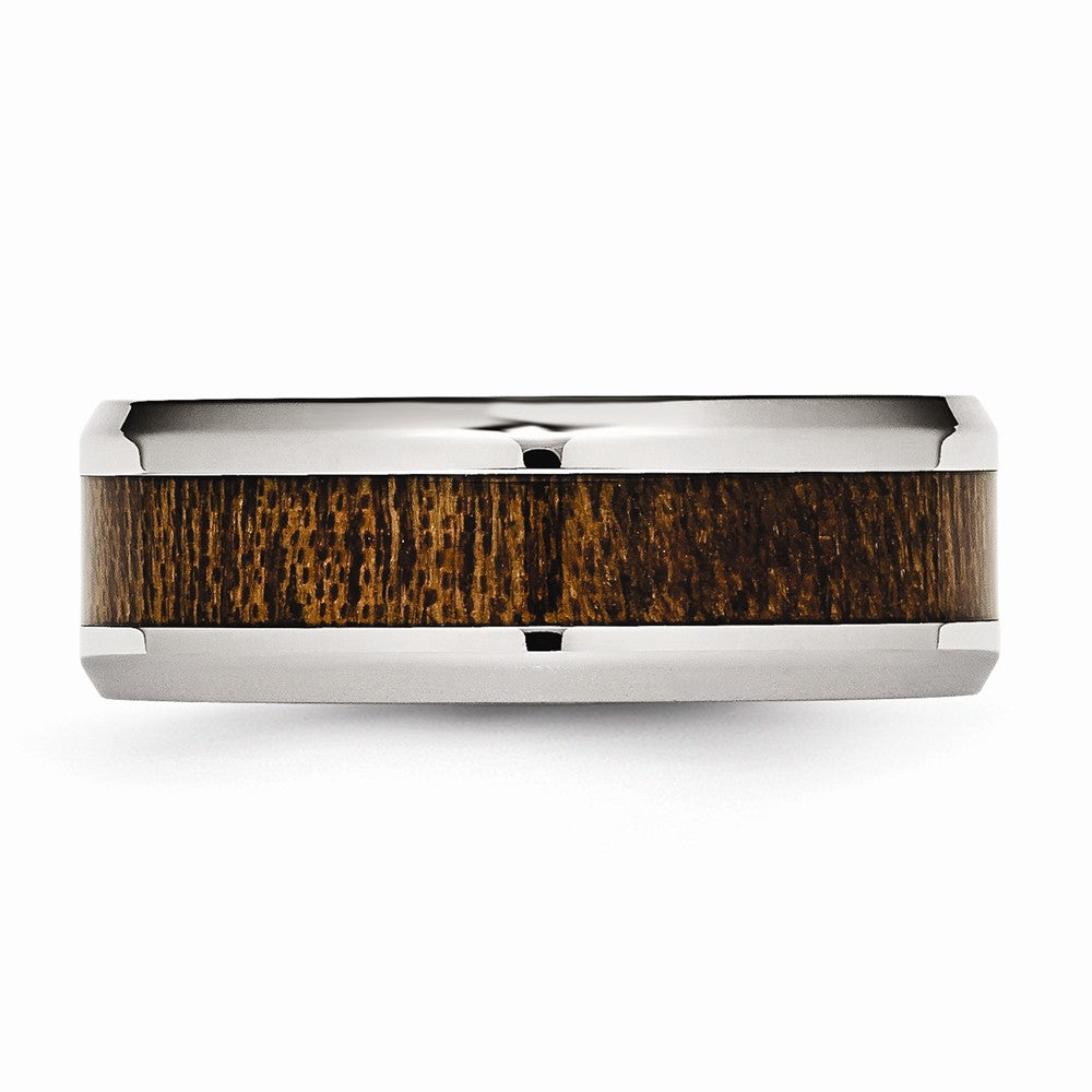 Stainless Steel Polished Brown Wood Inlay Enameled 8.00mm Ring