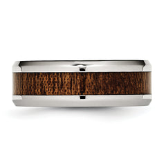 Stainless Steel Polished with Brown Koa Wood Inlay Enameled 8mm Band