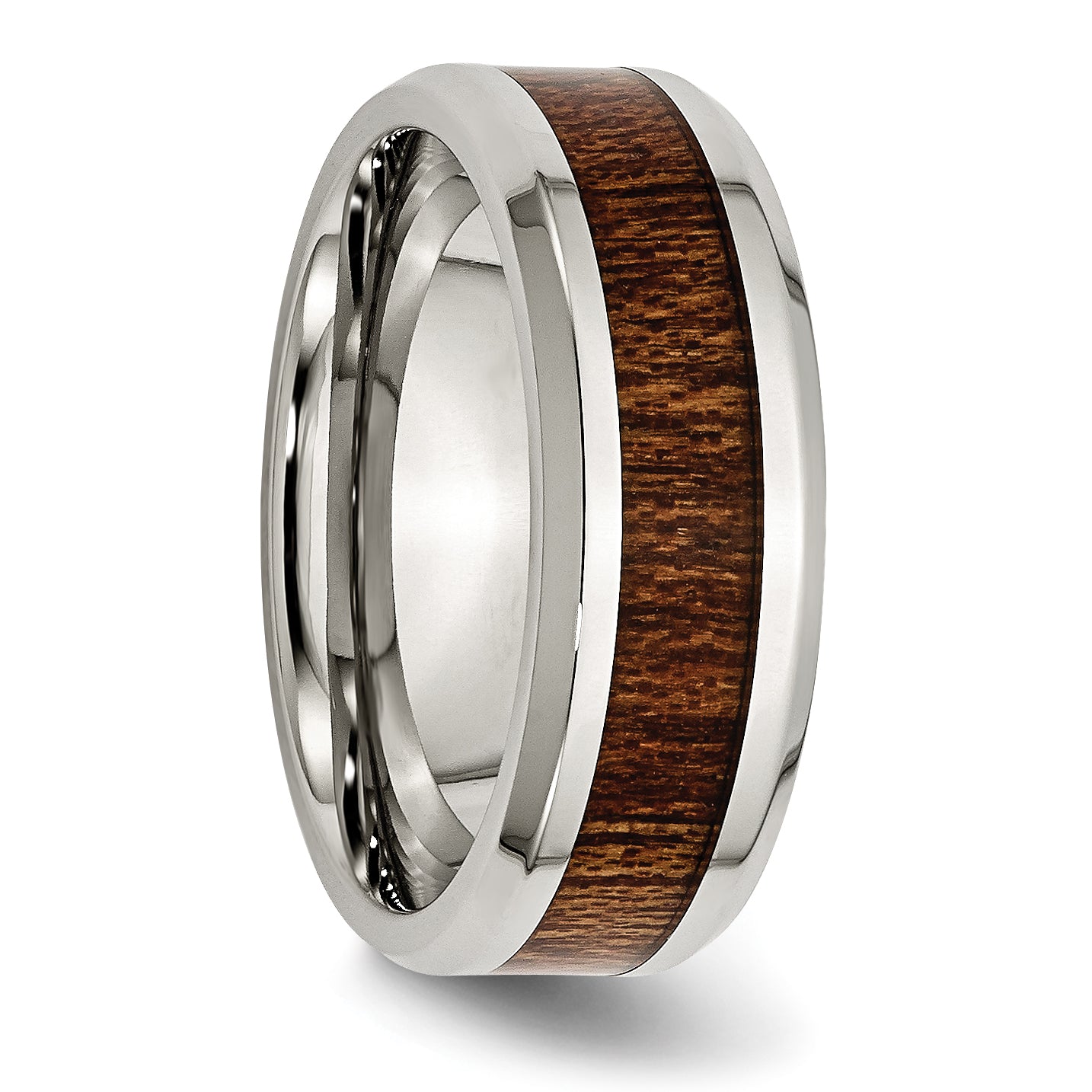 Stainless Steel Polished with Brown Koa Wood Inlay Enameled 8mm Band