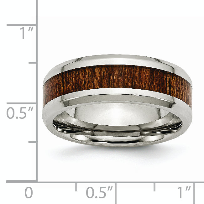 Stainless Steel Polished with Brown Koa Wood Inlay Enameled 8mm Band