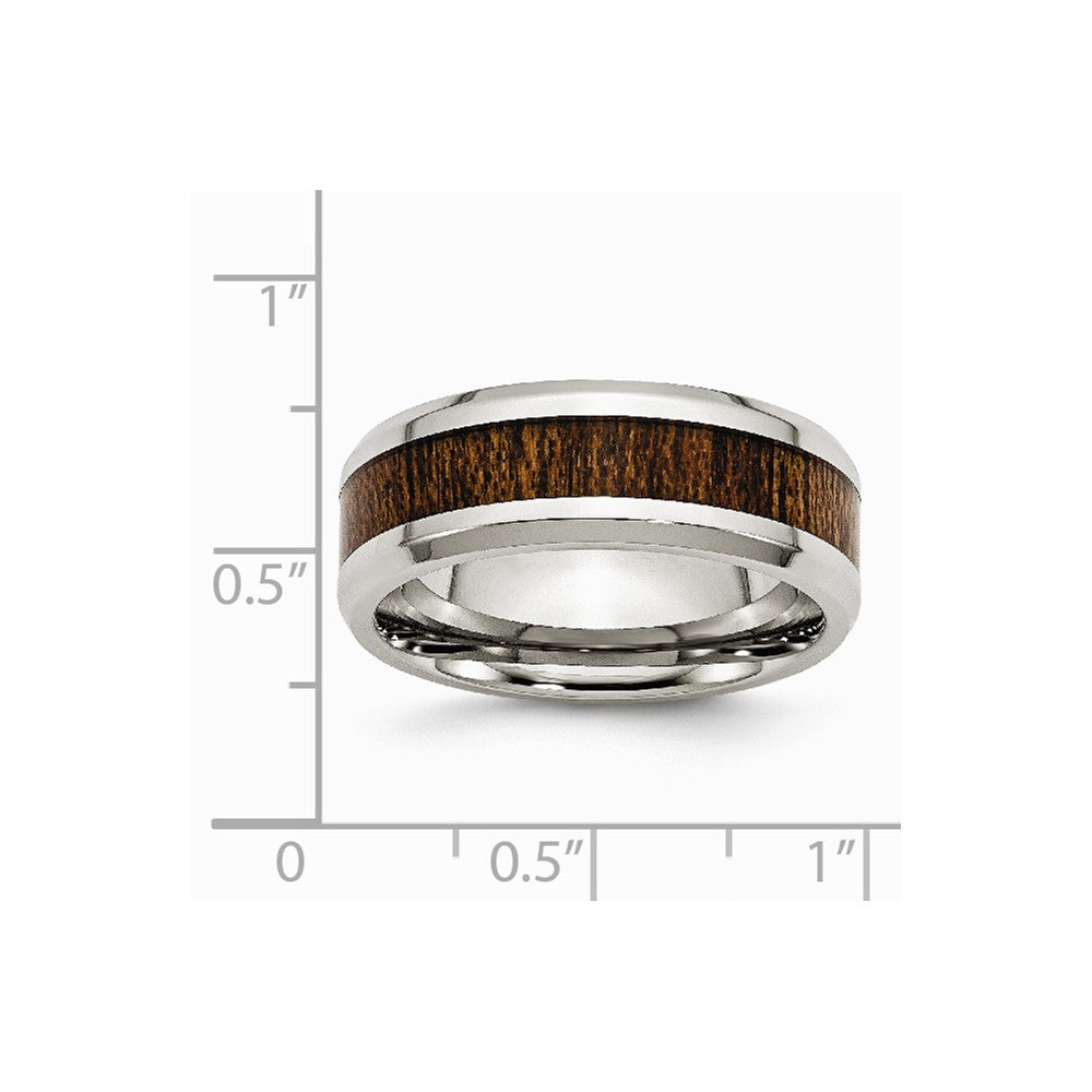 Stainless Steel Polished Brown Wood Inlay Enameled 8.00mm Ring