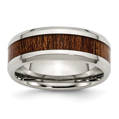 Stainless Steel Polished with Brown Koa Wood Inlay Enameled 8mm Band