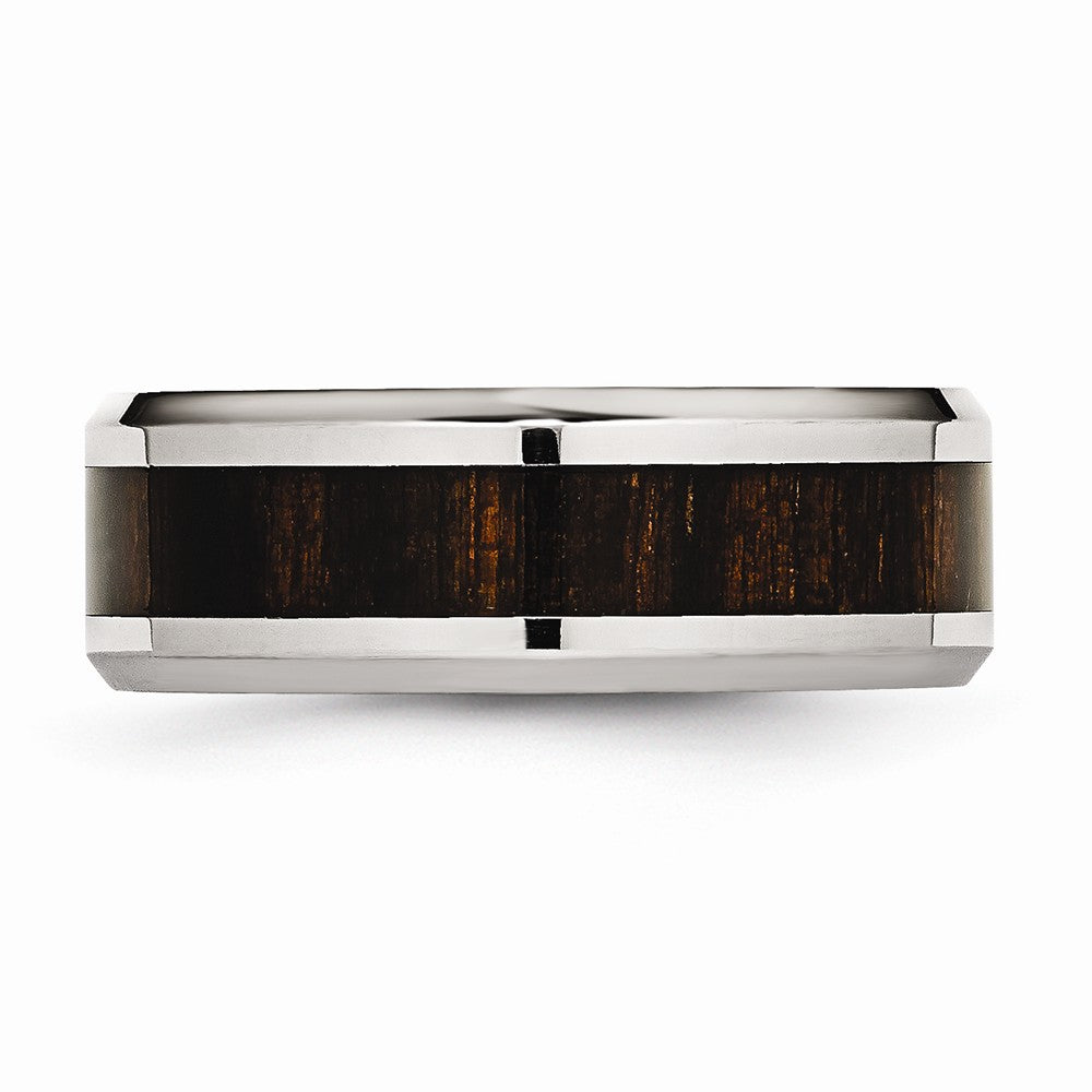 Stainless Steel Polished Black Wood Inlay Enameled 8.00mm Ring