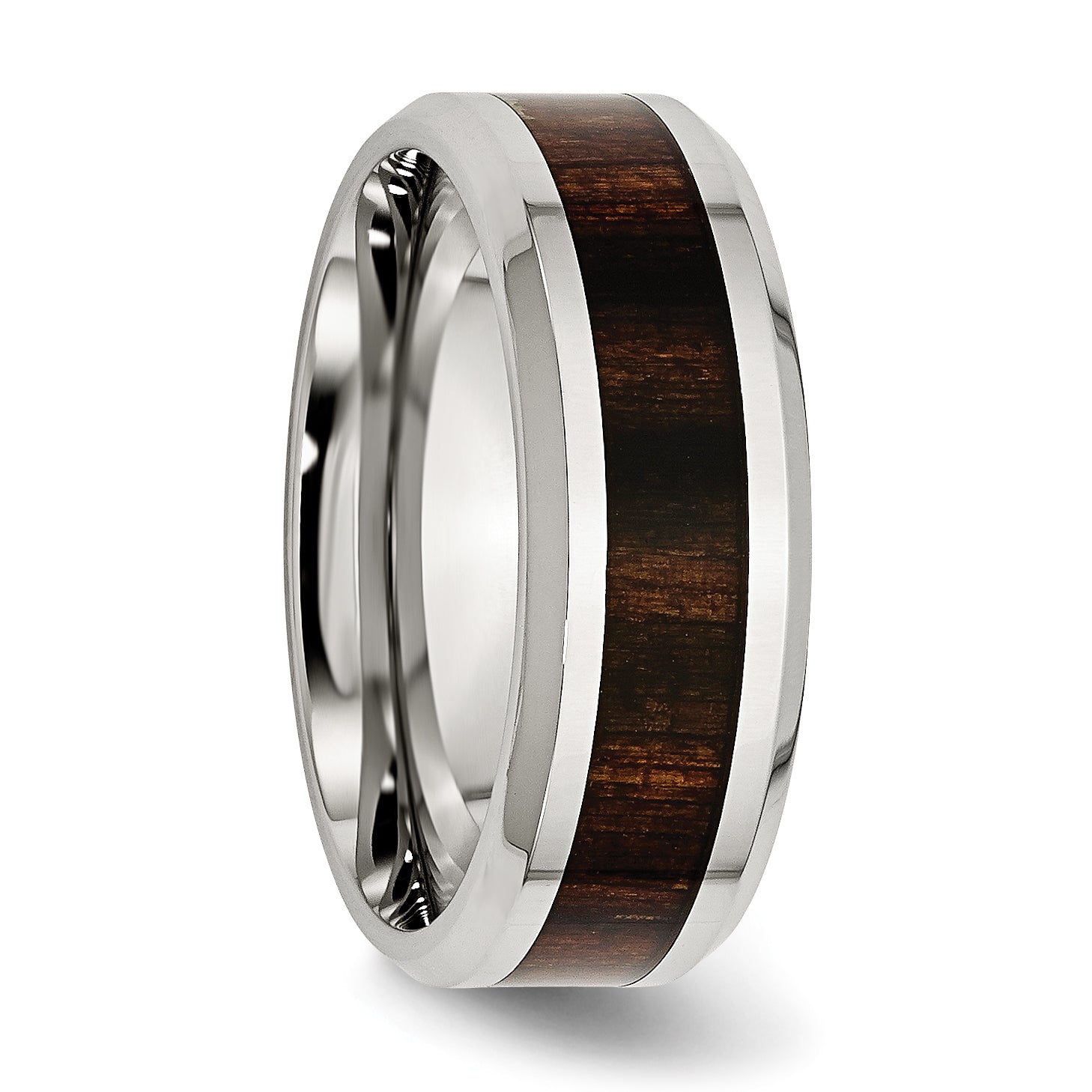 Stainless Steel Polished with Black Koa Wood Inlay Enameled 8mm Band