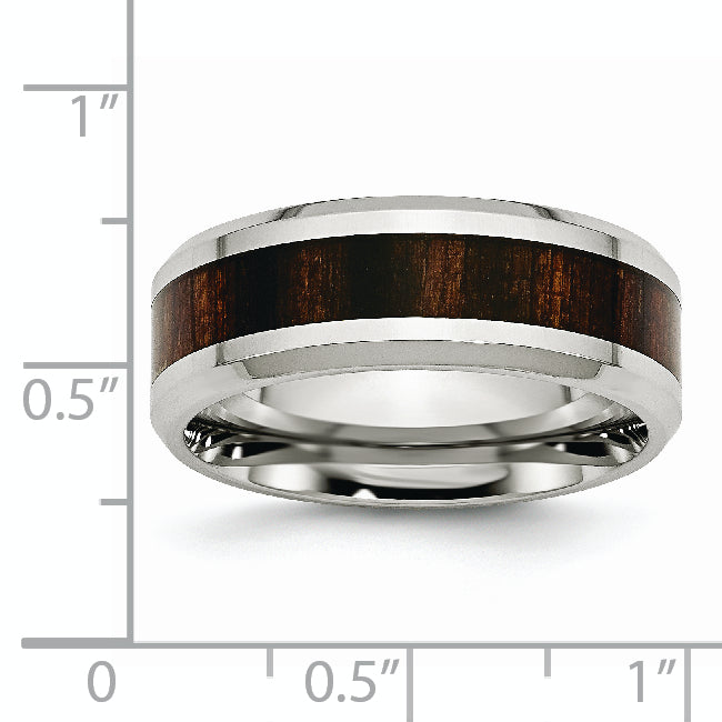 Stainless Steel Polished with Black Koa Wood Inlay Enameled 8mm Band