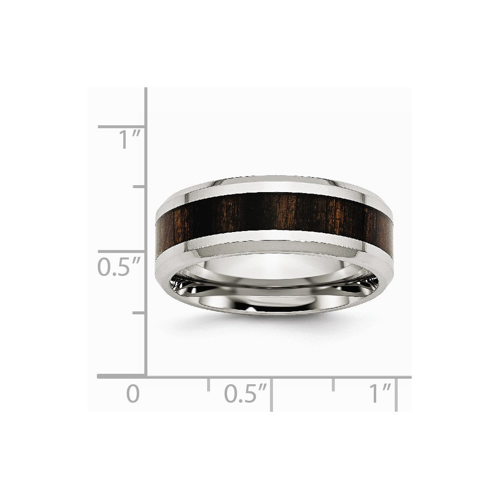 Stainless Steel Polished Black Wood Inlay Enameled 8.00mm Ring