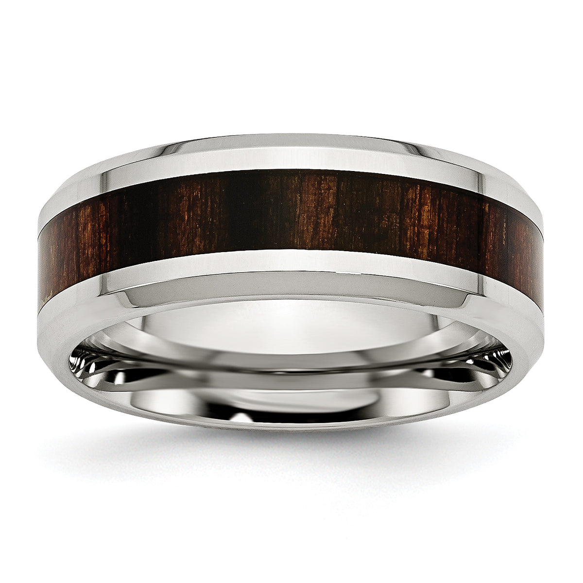 Stainless Steel Polished with Black Koa Wood Inlay Enameled 8mm Band