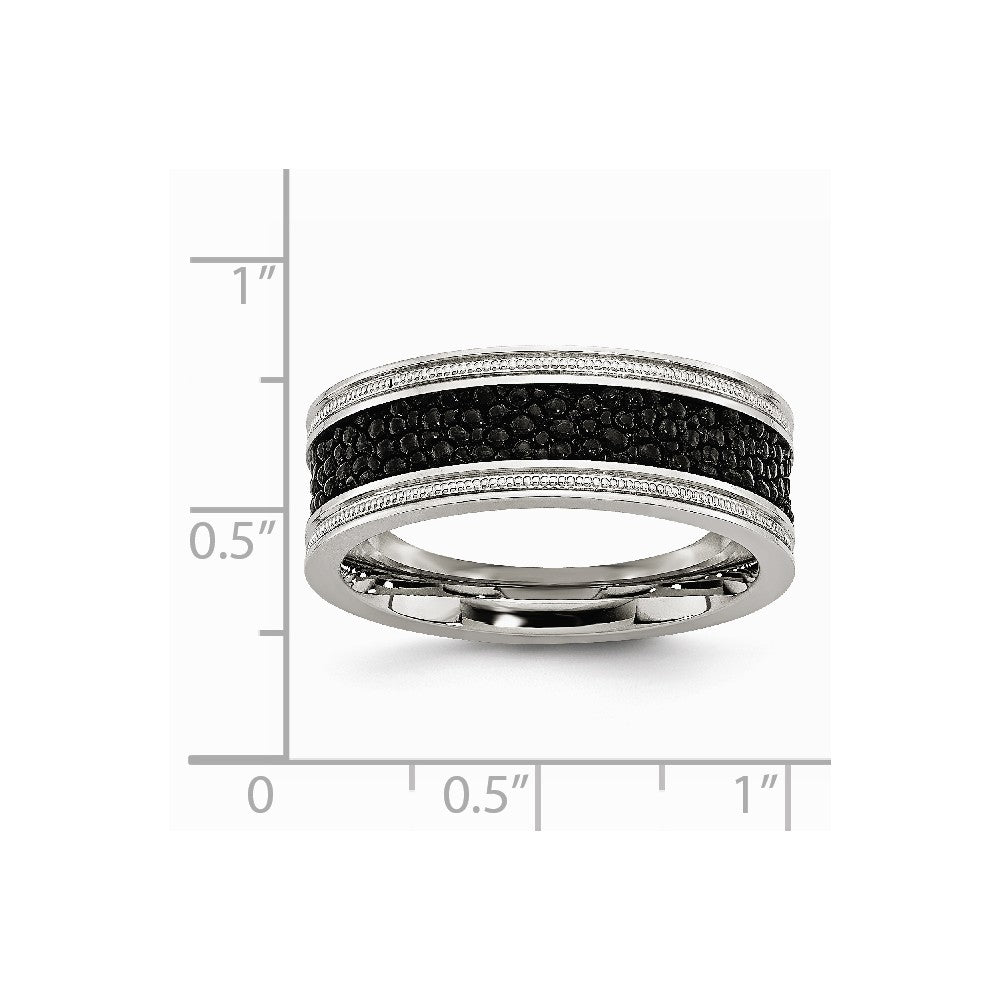 Stainless Steel Polished Black IP-plated/Genuine Stingray Textured Ring