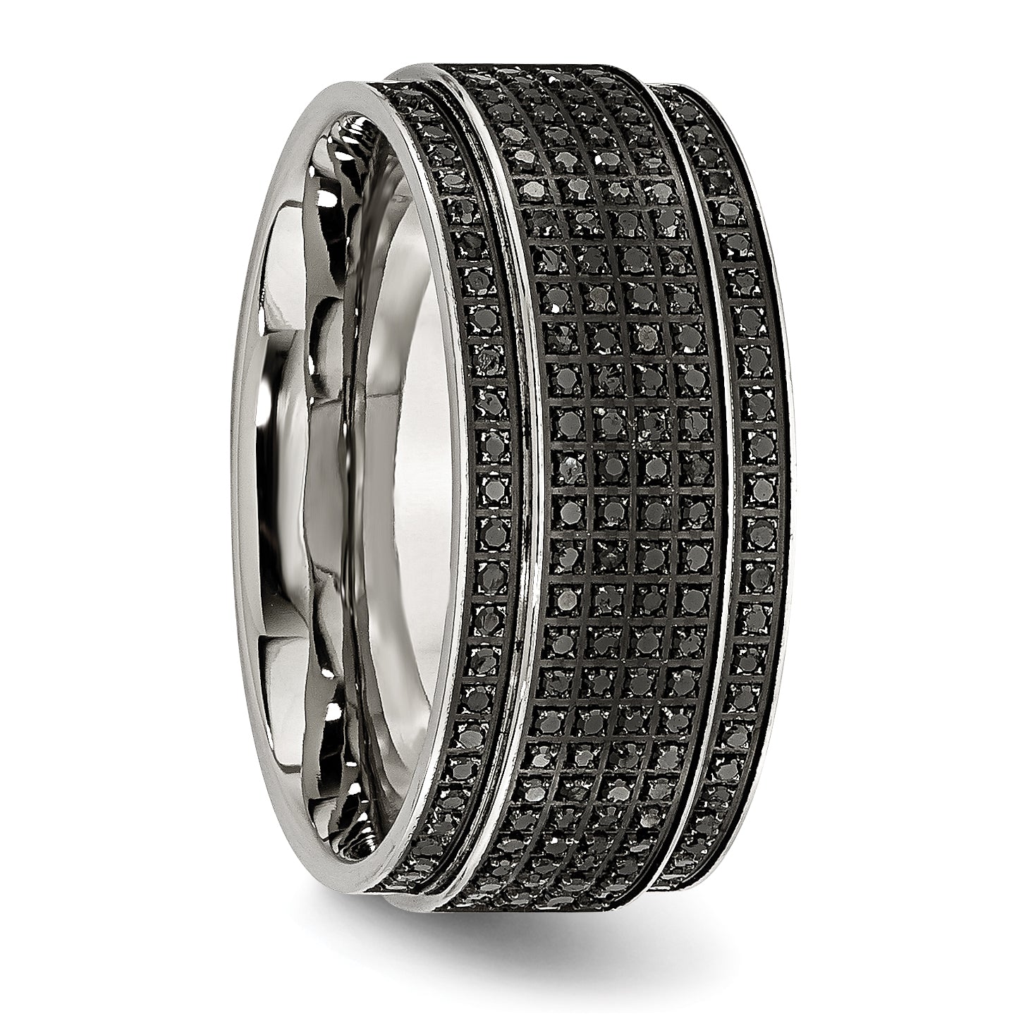 Stainless Steel Polished 1/2 Carat Black Diamond 10mm Ridged Edge Band
