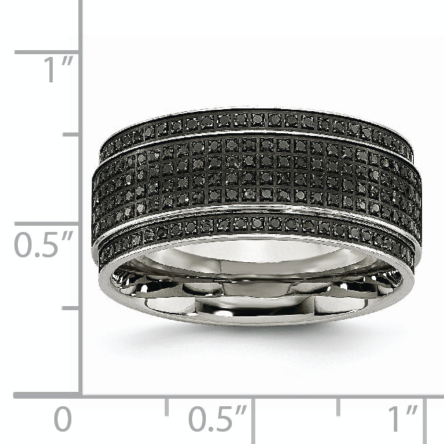 Stainless Steel Polished 1/2 Carat Black Diamond 10mm Ridged Edge Band