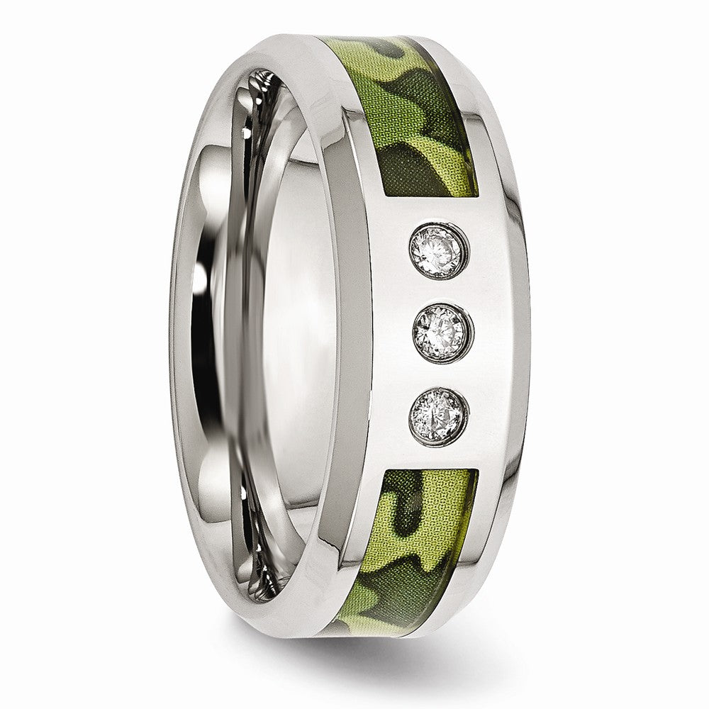 Stainless Steel Wedding Band with Camouflage Enamel and Diamonds