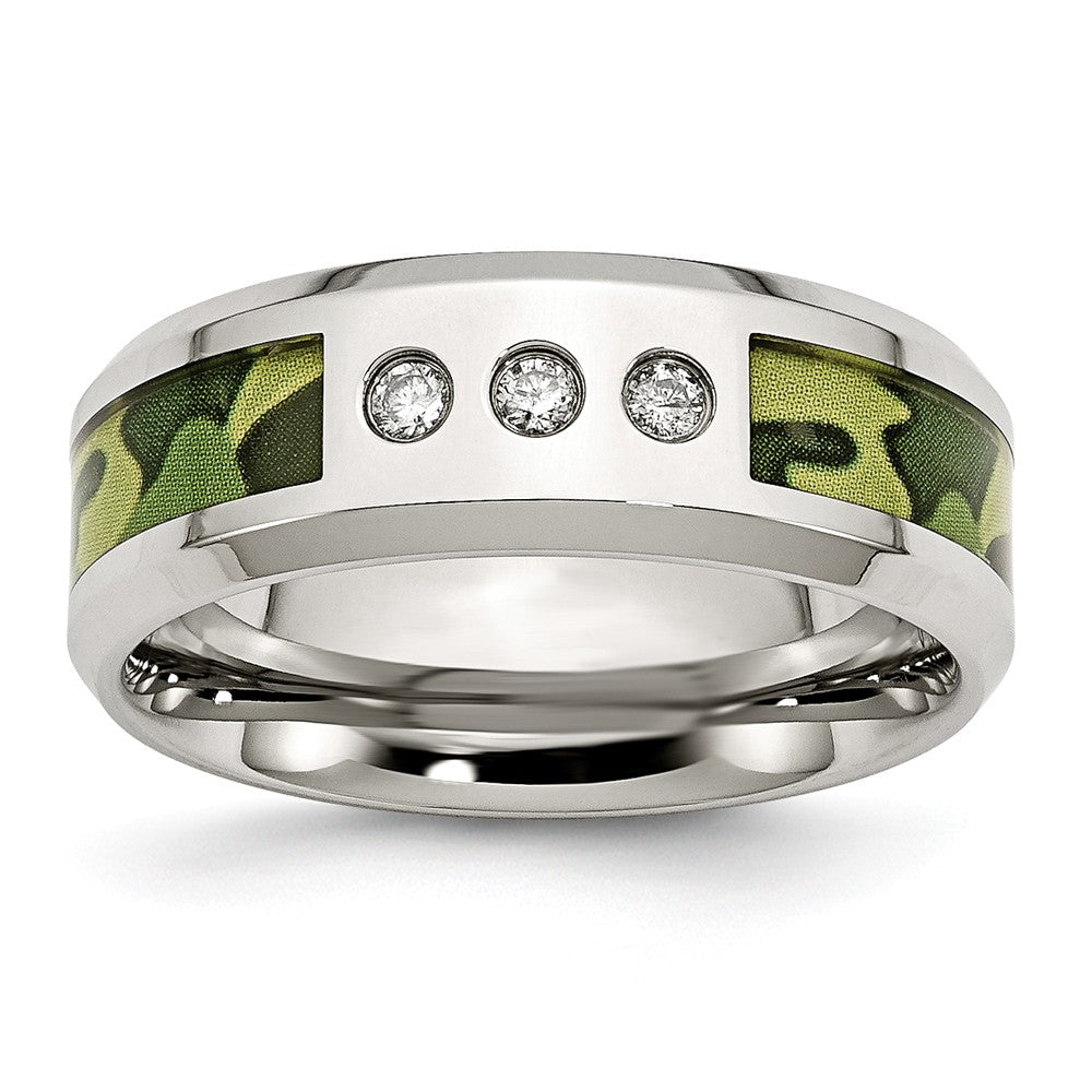 Stainless Steel Wedding Band with Camouflage Enamel and Diamonds - 8 - 8