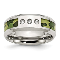 Stainless Steel Wedding Band with Camouflage Enamel and Diamonds - 8 - 8