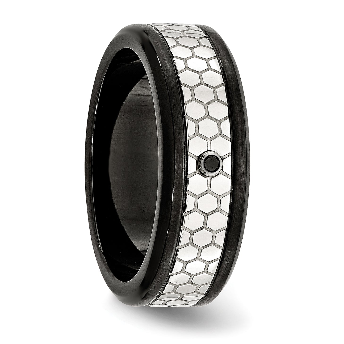 Stainless Steel Polished WithBrushed Black IP-plated 2pt. Diamond 8mm Band