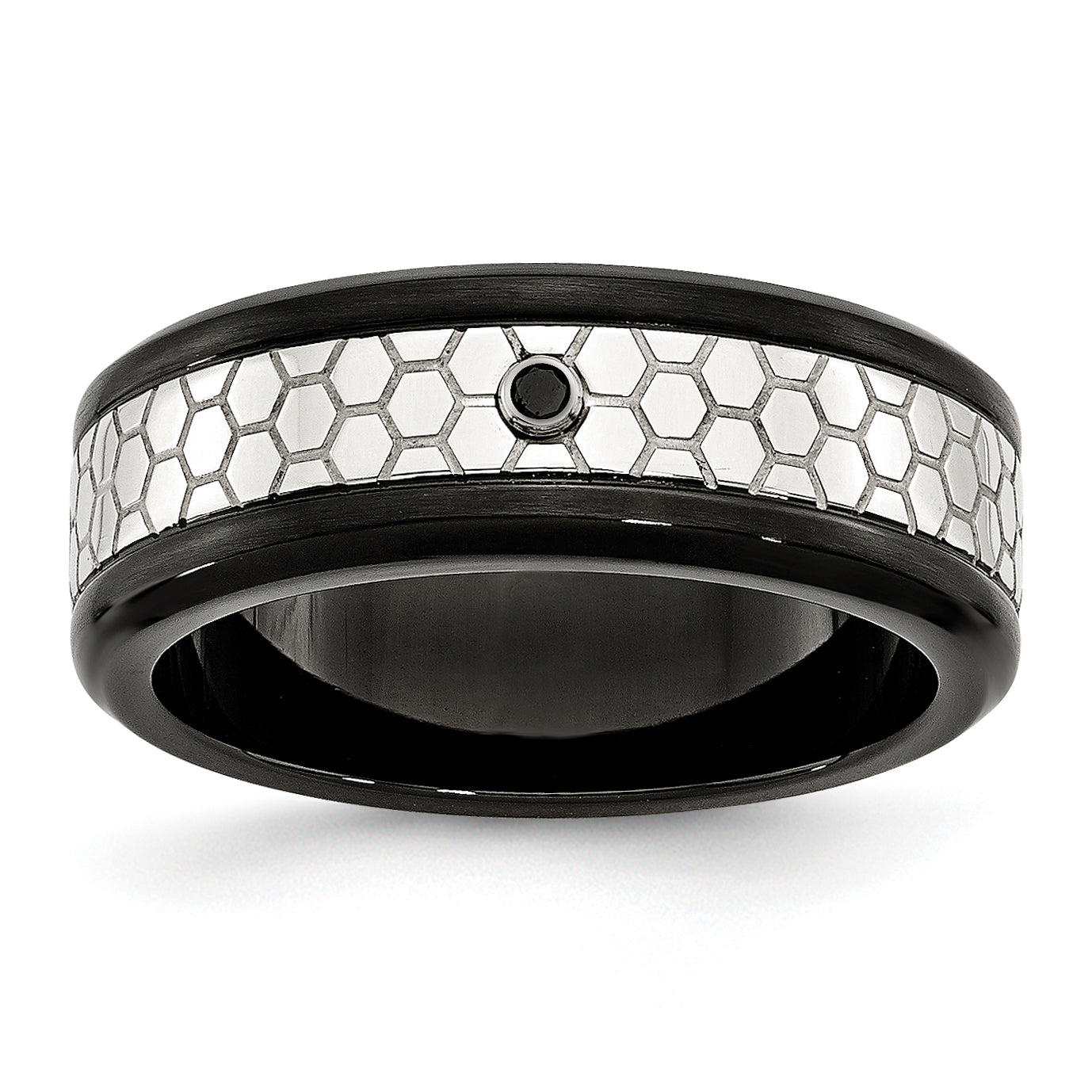 Stainless Steel Polished and Brushed Black IP-plated 2pt. Diamond 8mm Band