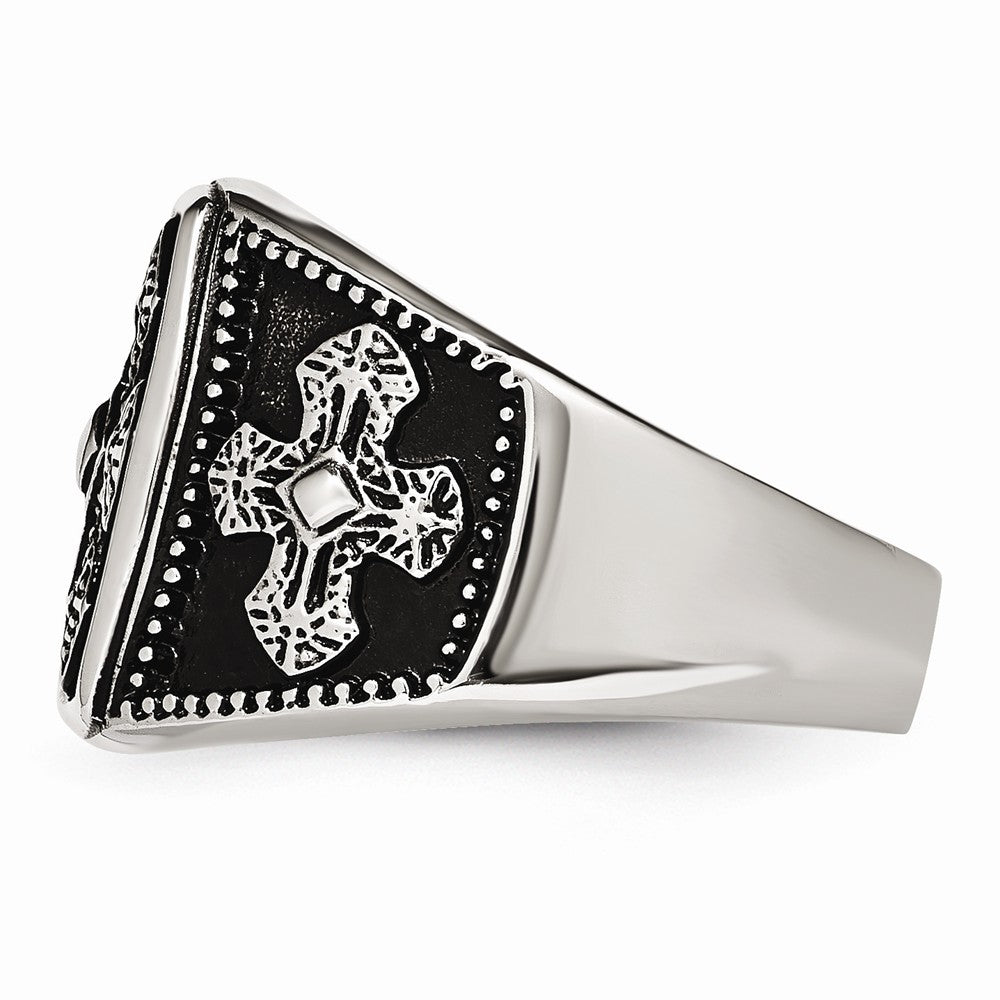 Stainless Steel Men's Cross Ring with Polished Antiqued Finish