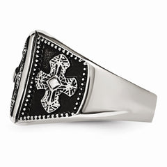 Stainless Steel Men's Cross Ring with Polished Antiqued Finish