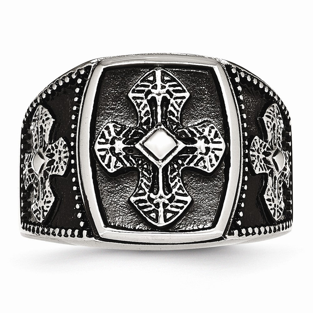 Stainless Steel Men's Cross Ring with Polished Antiqued Finish