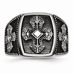 Stainless Steel Men's Cross Ring with Polished Antiqued Finish