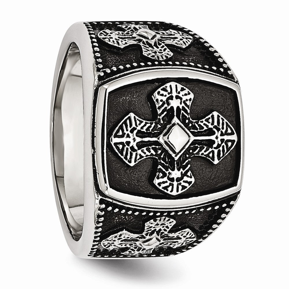 Stainless Steel Men's Cross Ring with Polished Antiqued Finish