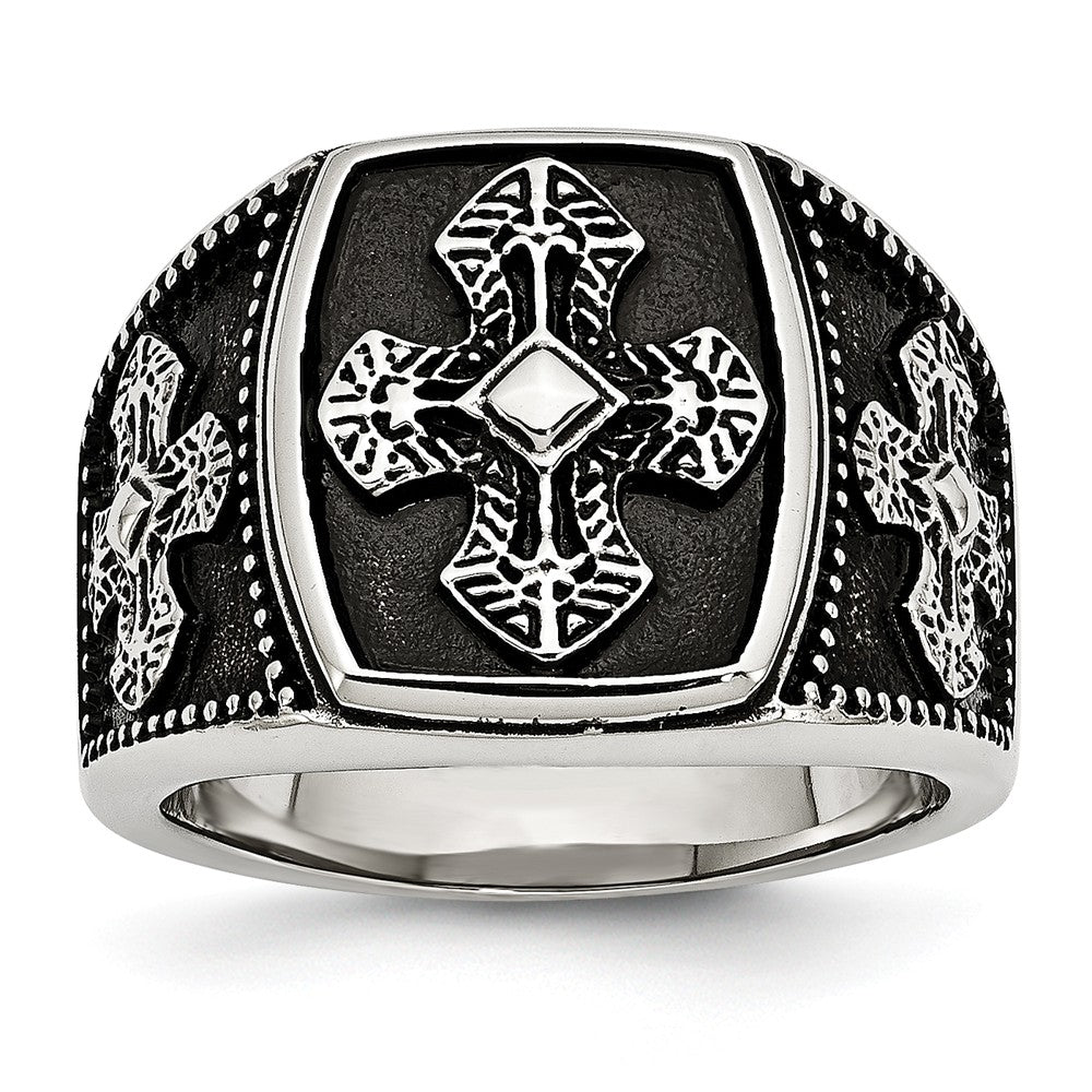 Stainless Steel Men's Cross Ring with Polished Antiqued Finish