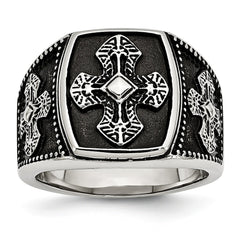 Stainless Steel Men's Cross Ring with Polished Antiqued Finish