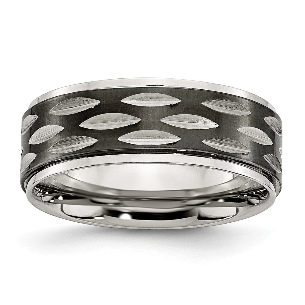 Black Grooved Wedding Band in Stainless Steel, 8mm