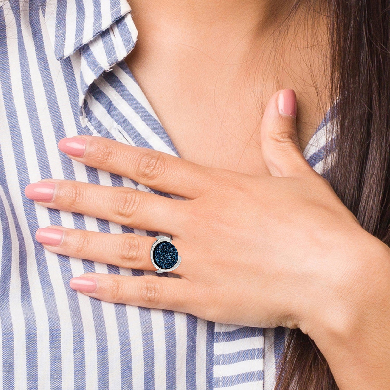 StainleSterling Silver Steel Polished with Blue Druzy Stone Ring