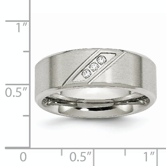 Stainless Steel Brushed and Polished with CZ 8mm Beveled Edge Band