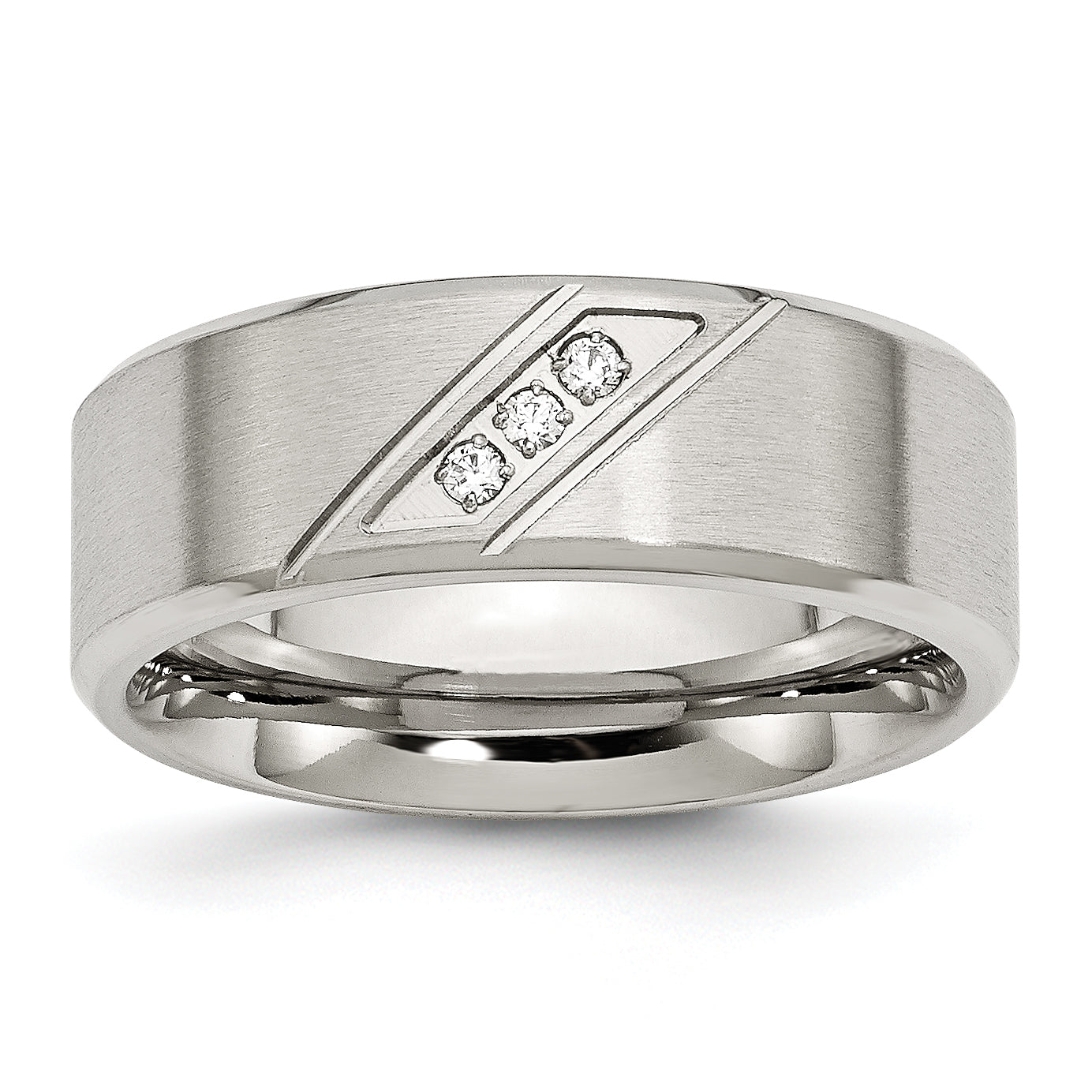 Stainless Steel Brushed and Polished with CZ 8mm Beveled Edge Band Main image