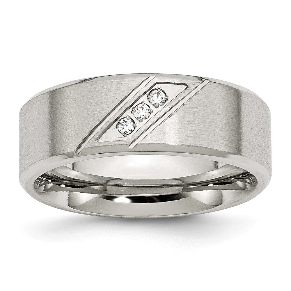 Stainless Steel Wedding Band with Polished Brushed Finish and CZ Elegance - 8 - 8