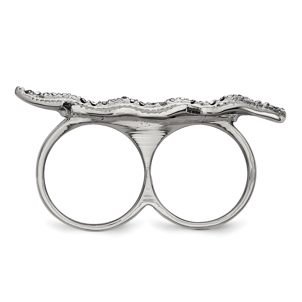StainleSterling Silver Steel Polished&Antiqued Leaf Two Finger Crystal Ring
