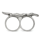 StainleSterling Silver Steel Polished&Antiqued Leaf Two Finger Crystal Ring