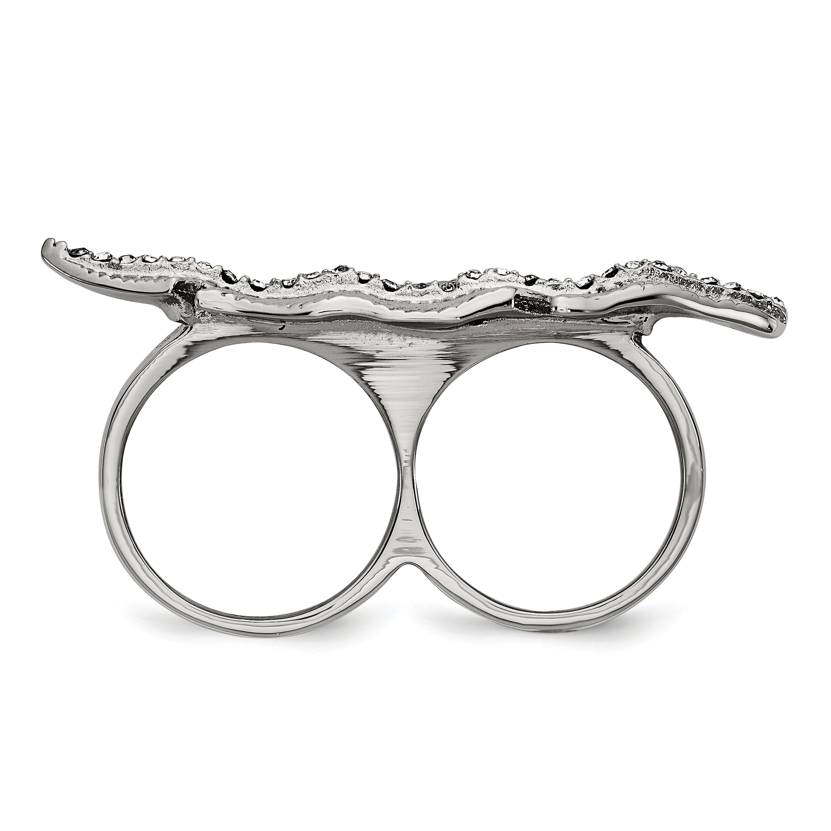 StainleSterling Silver Steel Polished&Antiqued Leaf Two Finger Crystal Ring