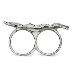 StainleSterling Silver Steel Polished&Antiqued Leaf Two Finger Crystal Ring