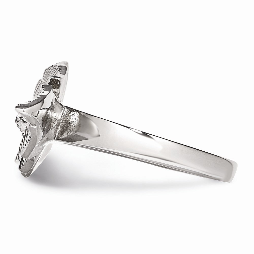 Stainless Steel Polished&Antiqued Leaf Two Finger Crystal Ring